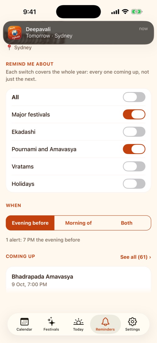 Festival alerts in the app